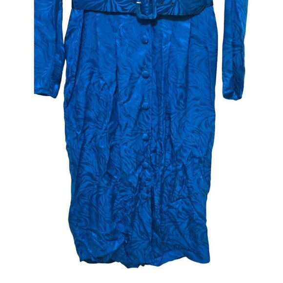 Adrianna Papell Vintage 80s Blue Print Pleated Silk Belted Midi Dress Sz 6 - Picture 5 of 9